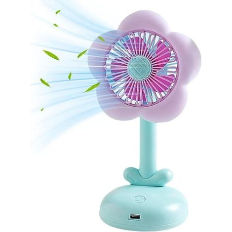 Tragbarer Tischventilator, Kleines Format, Leiser Luftstrom, Usb-wiederaufladbar, Schönes Blumen- Und Lichtdesign, Blau