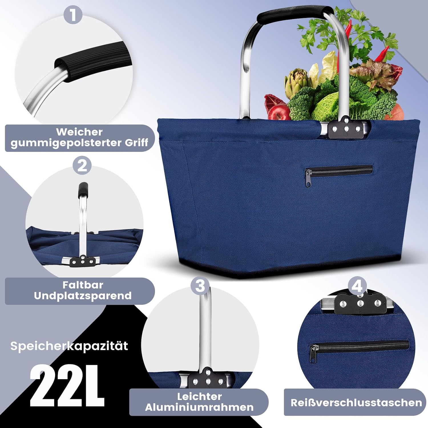 Faltbarer Einkaufskorb (22 L) Mit Gepolsterten Griffen – Große Picknicktasche Und Praktische Tragetasche Für Familie, Reisen, Einkäufe Und Geschenke (blau)