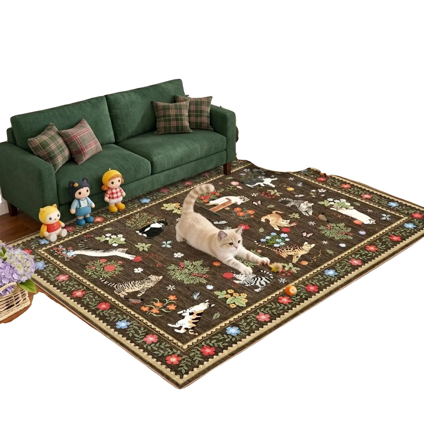 Katze Teppich, Blumenmuster, Rutschfest Für Den Innenbereich, Braun 120 × 170cm