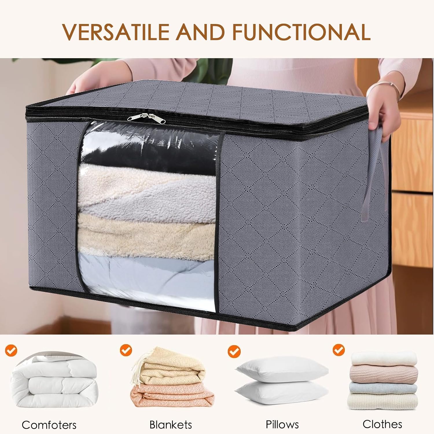 2er-set Kleideraufbewahrungstaschen (je 90 L), Aufbewahrungsboxen Für Unter Das Bett, Faltbare Kisten, Aus Robustem Material, Verstärkte Griffe, Dunkelgrau