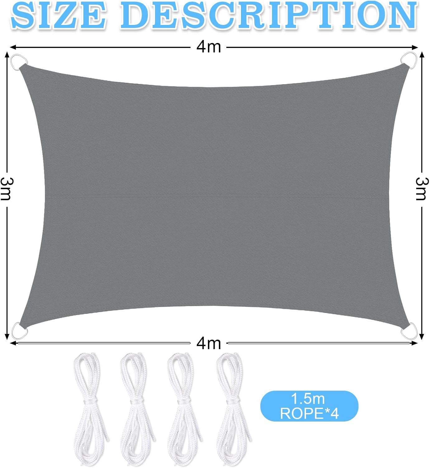 Rechteckiges Sonnensegel, Wasserdicht Und Uv-beständig, 95 % Polyester, Strapazierfähig Und Atmungsaktiv, Für Garten Und Terrasse, Mit Seil, 3 X 4 M