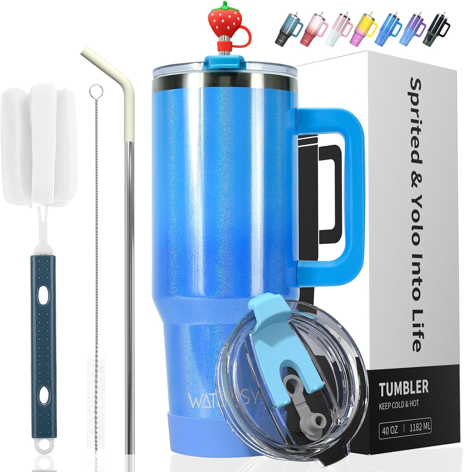 Isolierbecher – 1 Stück – Edelstahl – Doppelwandig Mit Strohhalm Und Griff – Ideal Für Reisen Und Auto – 1182 Ml – Blau