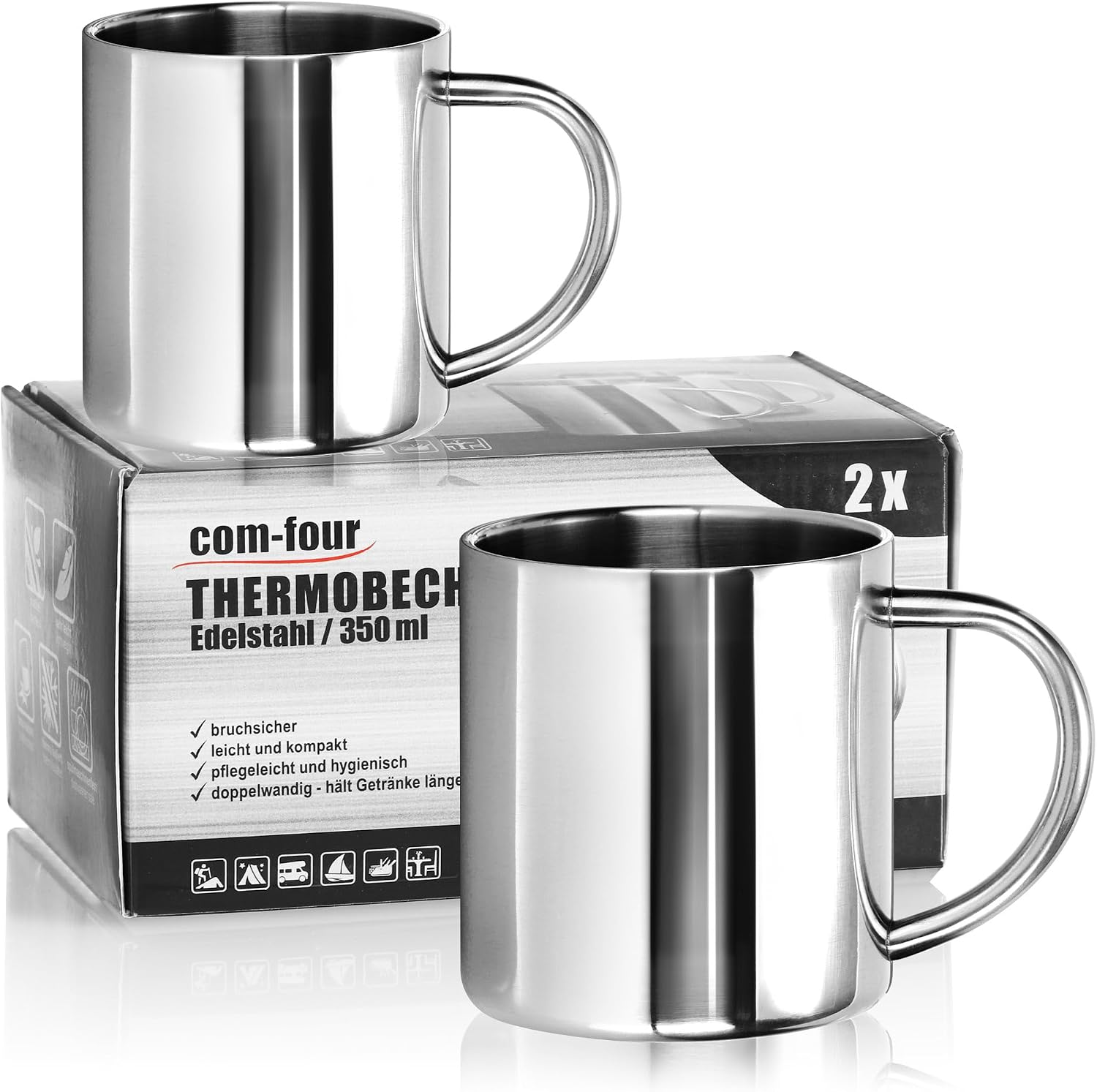 Thermobecher – 2er-pack – Edelstahl – Doppelwandig Isoliert – Ideal Für Camping Und Reisen – 350 Ml Silber