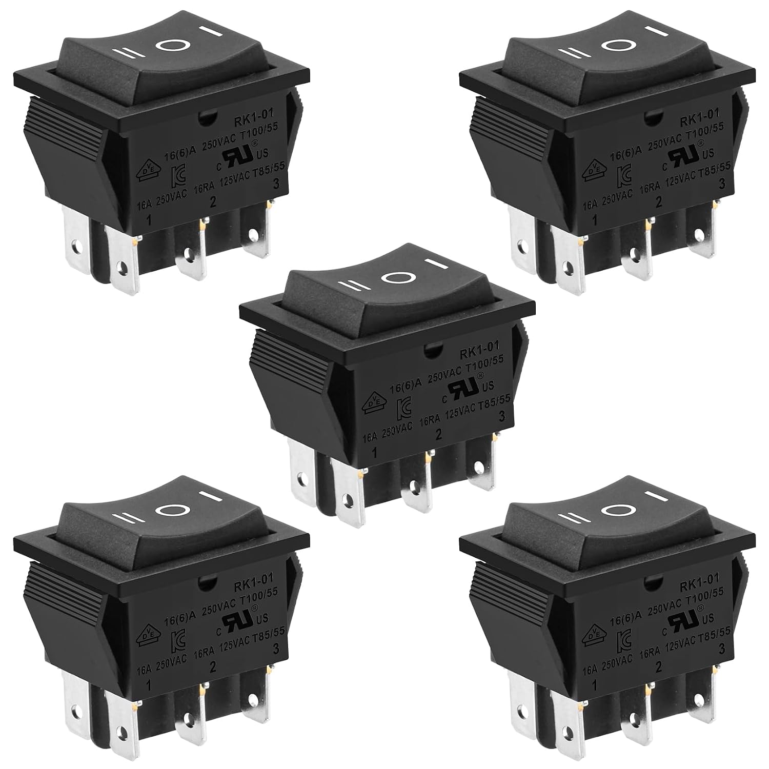 Dpdt-wippschalter Ein-aus-ein, 16 A, 250 V, Schwarz, 5er-pack, Für Schaltschränke Und Heimwerkerprojekte