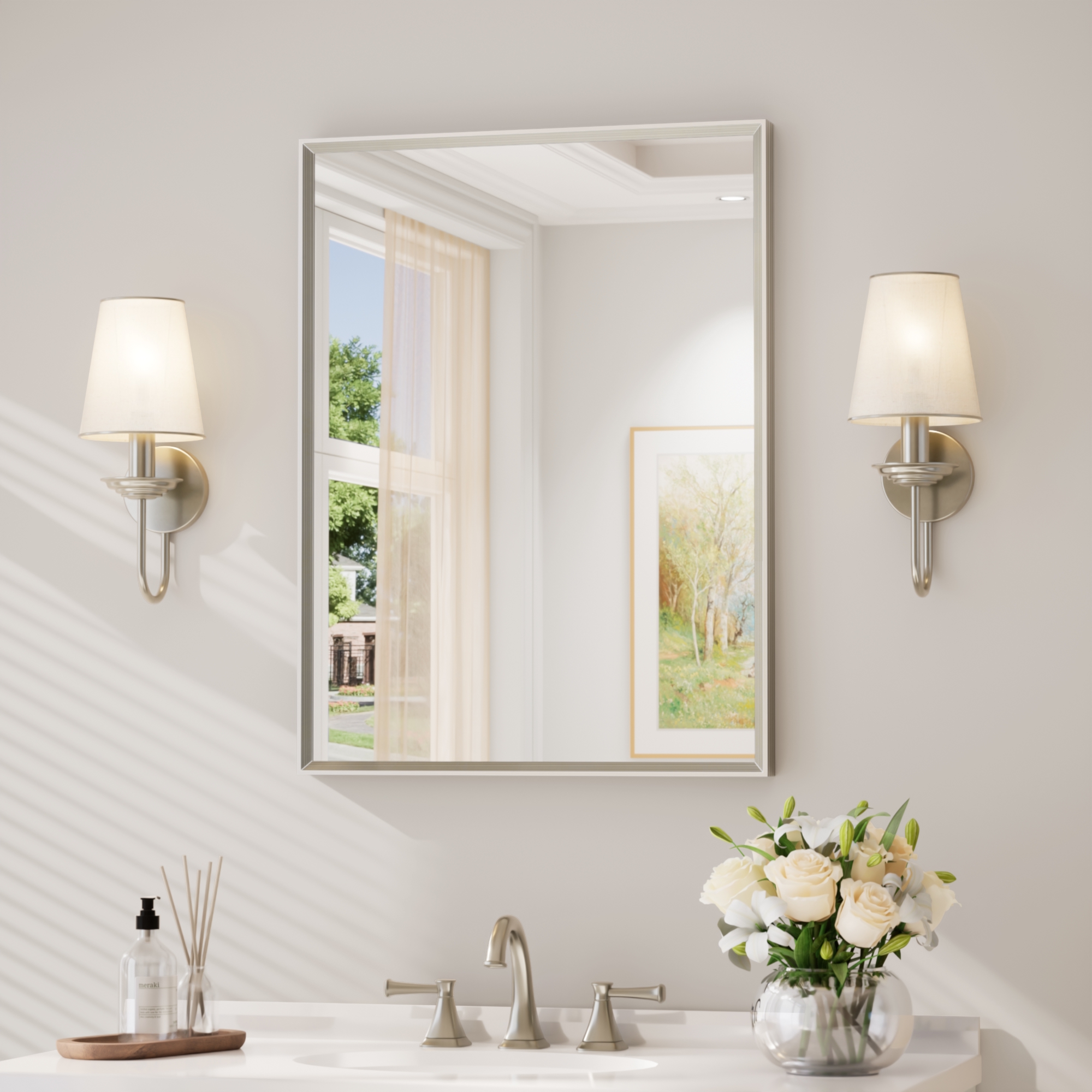 Keonjinn Wandspiegel Rechteckig 60x80cm, Gebürstetes Nickel, Alurahmen, Hd-gehärtetes Glas, Mit Runden Ecken, Moderner Stil, Hd-reflexion, Für Badezimmer&flur