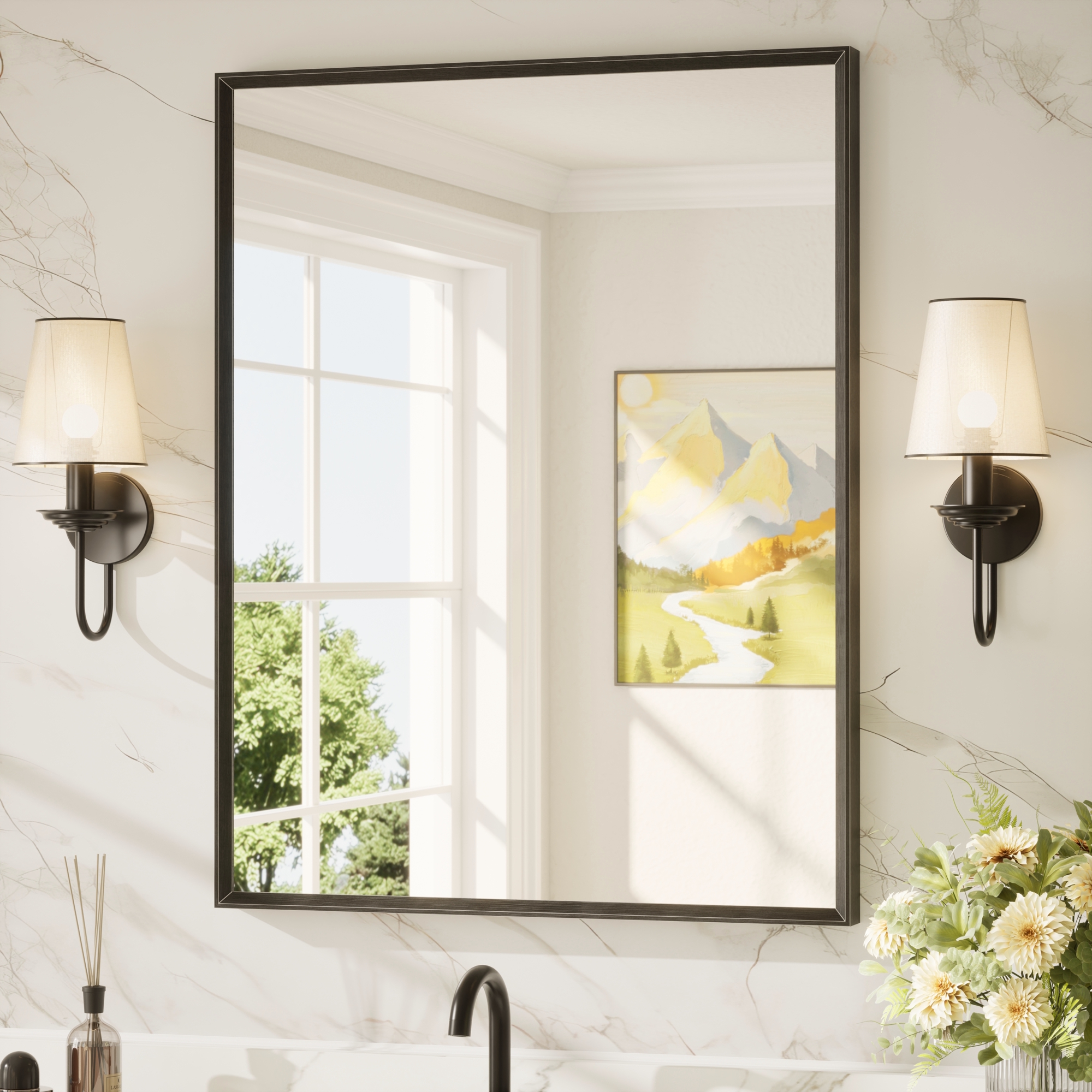 Keonjinn Wandspiegel Rechteckig Mit Schwarzem Rahmen 70x90cm, Alurahmen, Hd-gehärtetes Glas, Mit Runden Ecken, Moderner Stil, Hd-reflexion, Für Badezimmer&flur