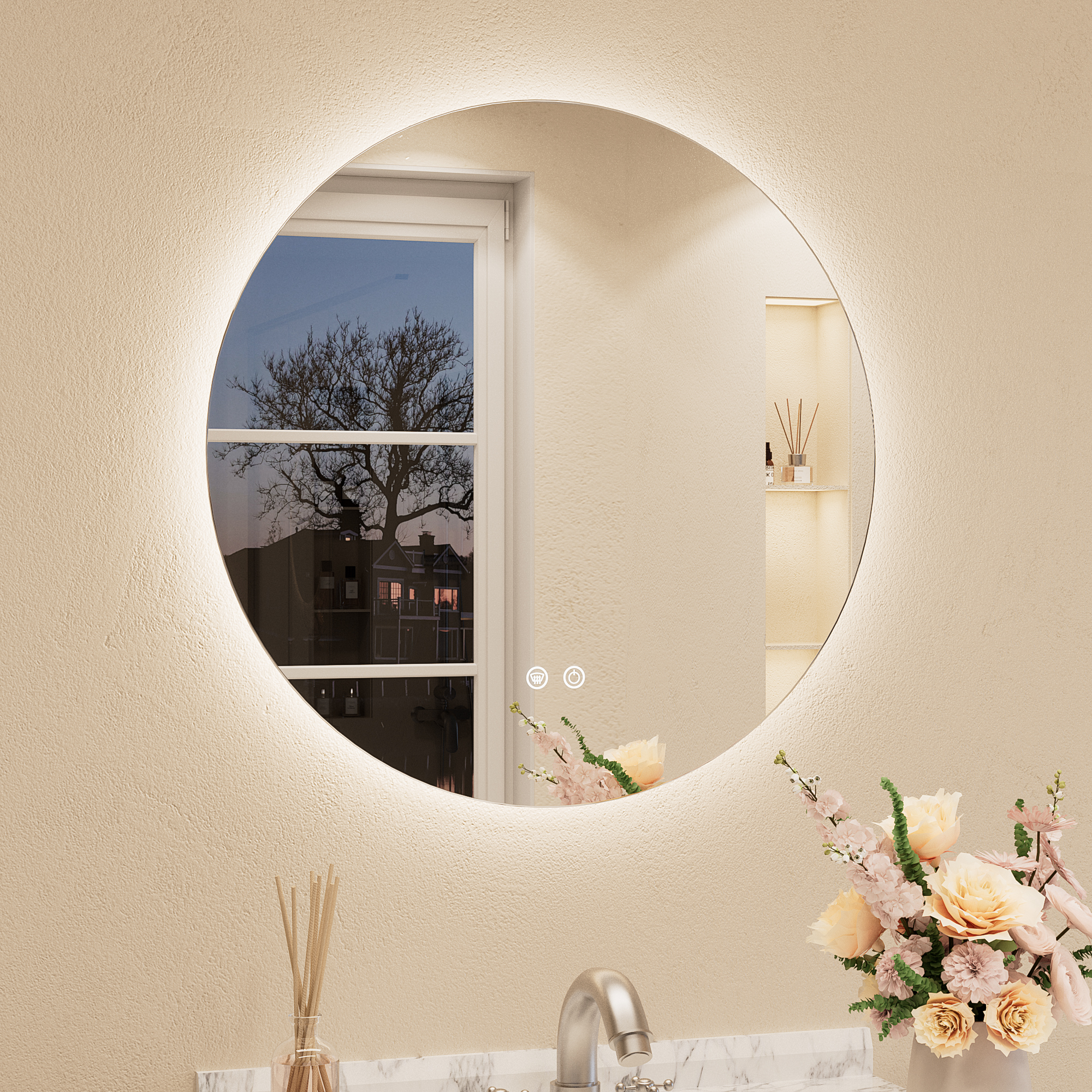 Keonjinn Badspiegel Rund Mit Beleuchtung 60cm, Led-badspiegel Mit Licht Kalt/neutral/warmweiß Dimmbar, Touch-schalter, Antibeschlag, Memory-funktion, Hd Gehärtetes Glas, Ip44