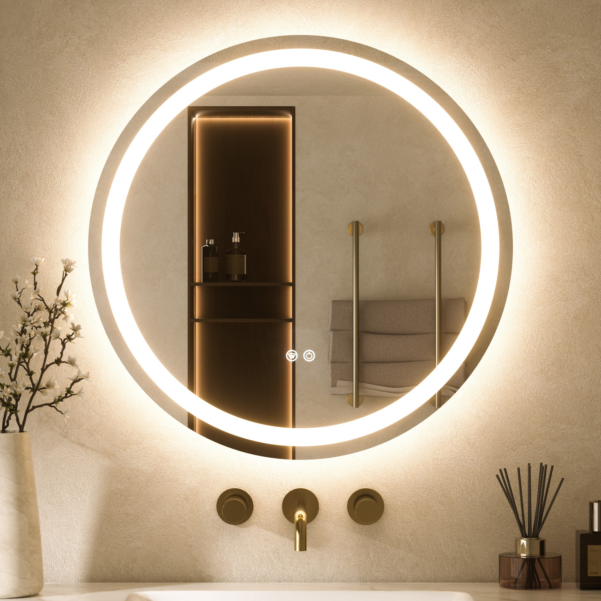 Keonjinn Led-badspiegel Rund 60cm Mit Front- Und Hintergrundbeleuchtung, 3 Lichtfarben Dimmbar, Badspiegel Mit Licht, Touch-schalter, Antibeschlag, Memory-funktion, Hd Gehärtetes Glas, Ip44,
