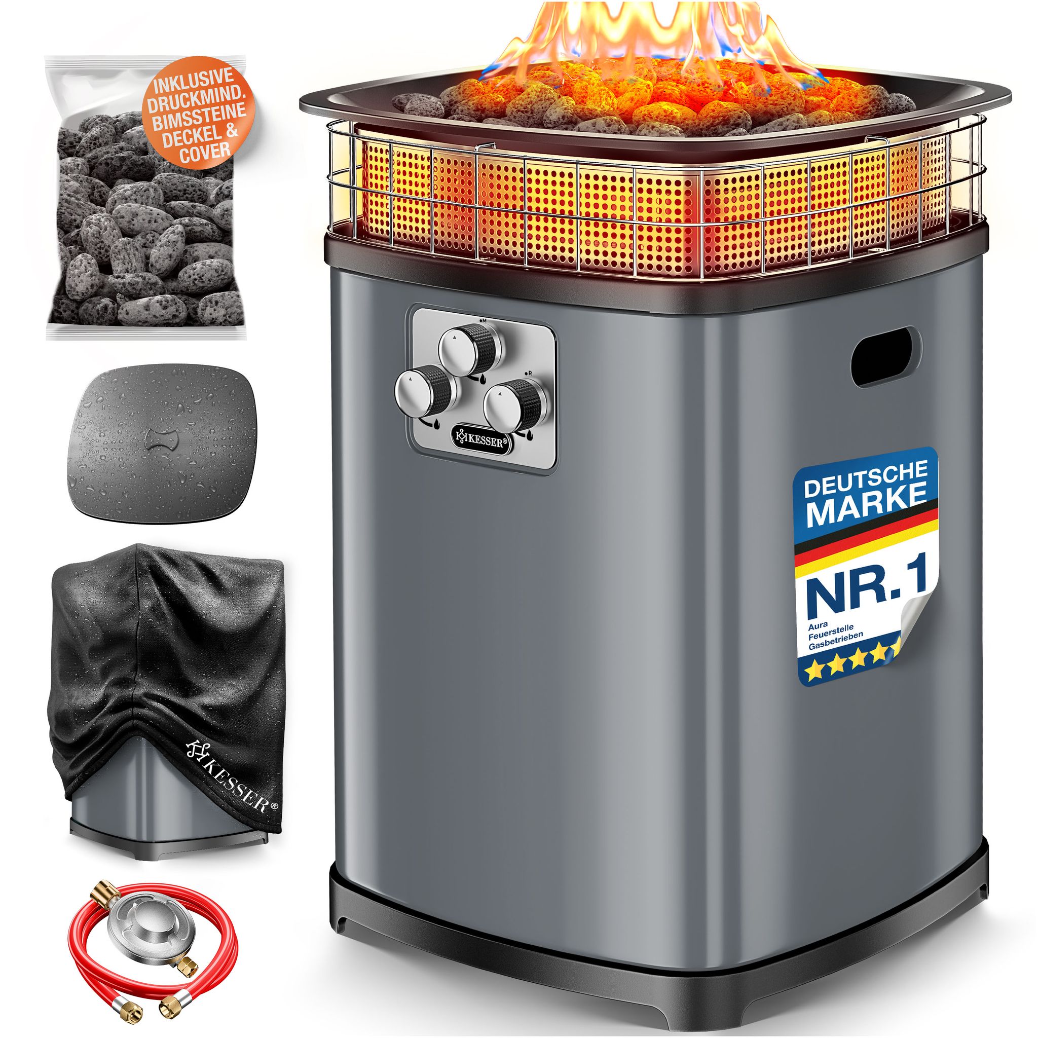 Kesser® Gas-feuerstelle Aura, 18 Kw, 360° Wärmeverteilung, Ip54 - Anthrazit, Inkl. Cover