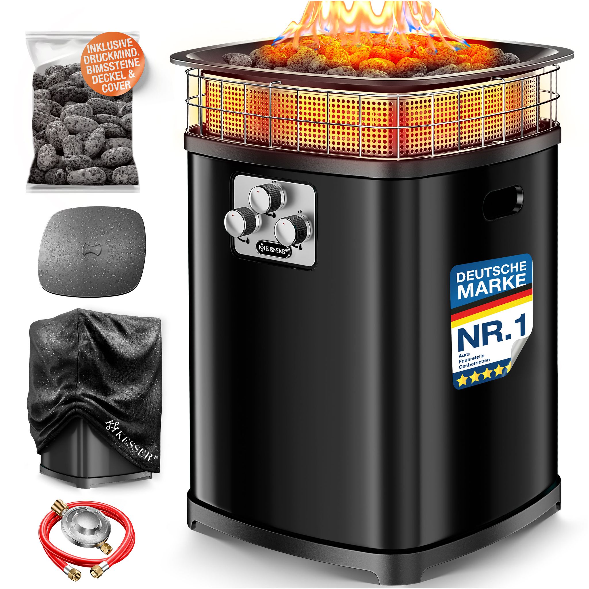 Kesser® Gas-feuerstelle Aura, 18 Kw, 360° Wärmeverteilung, Ip54 - Schwarz, Inkl. Cover