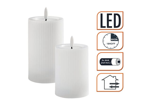 Led Stumpenkerze Weiß Geriffelt 2er Set Für Außen Mit Flammen Effekt - 12 / 10 Cm - Künstliche Kerze Warm Weiß Beleuchtet Mit Timer