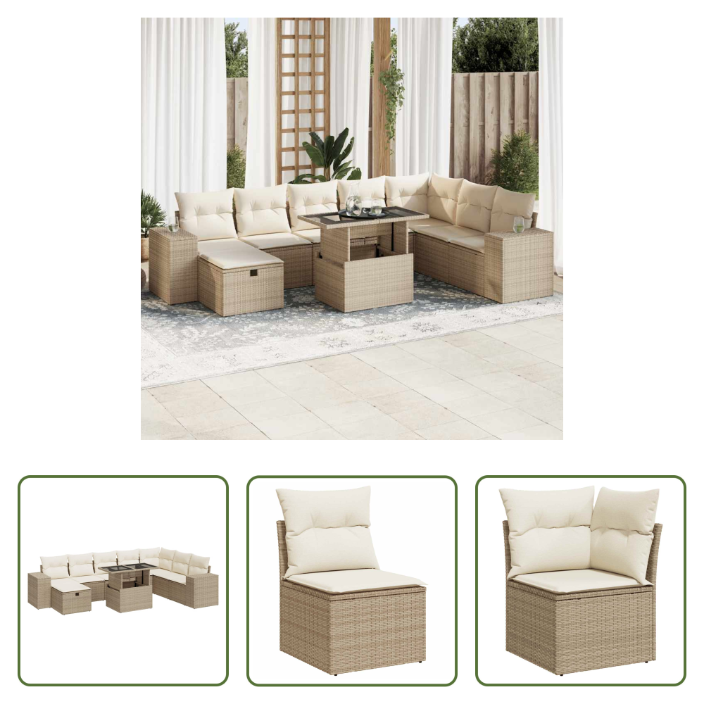 Vidaxl Außensofa - 9-tlg. Garten-sofagarnitur Mit Kissen Beige Poly Rattan