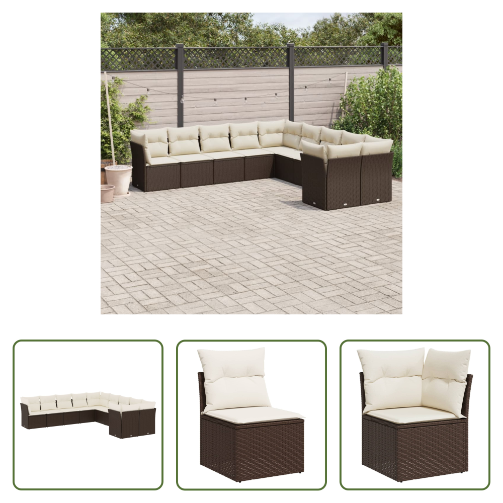 Vidaxl Rattan - 10-tlg. Garten-sofagarnitur Mit Kissen Braun Poly Rattan