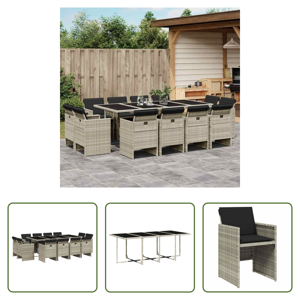 Essgruppe - 13-tlg. Garten-essgruppe Mit Kissen Hellgrau Poly Rattan