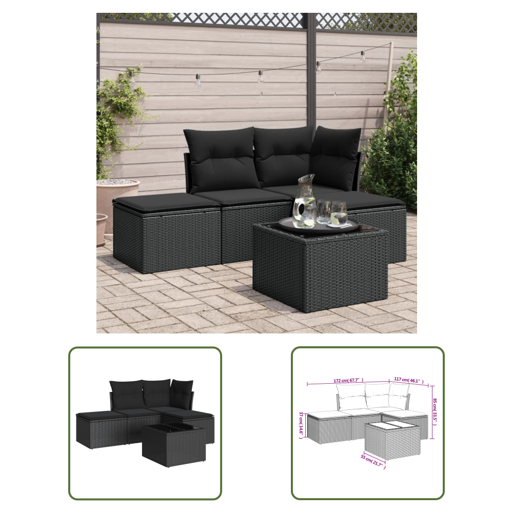 The Living Store 5-tlg. Garten-sofagarnitur Mit Kissen Schwarz Poly Rattan - Gartensorte - Gartenmöbelset - Outdoor Möbel - Lounge Set - Pe-rattan