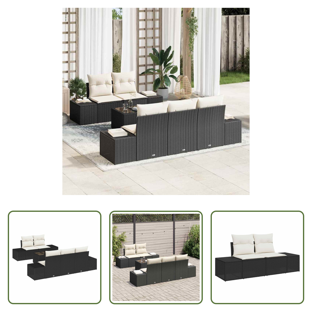 Vidaxl Poly Rattan - Gartensofa-set Mit Kissen 6 Pcs Schwarz Und Creme Poly-rattan
