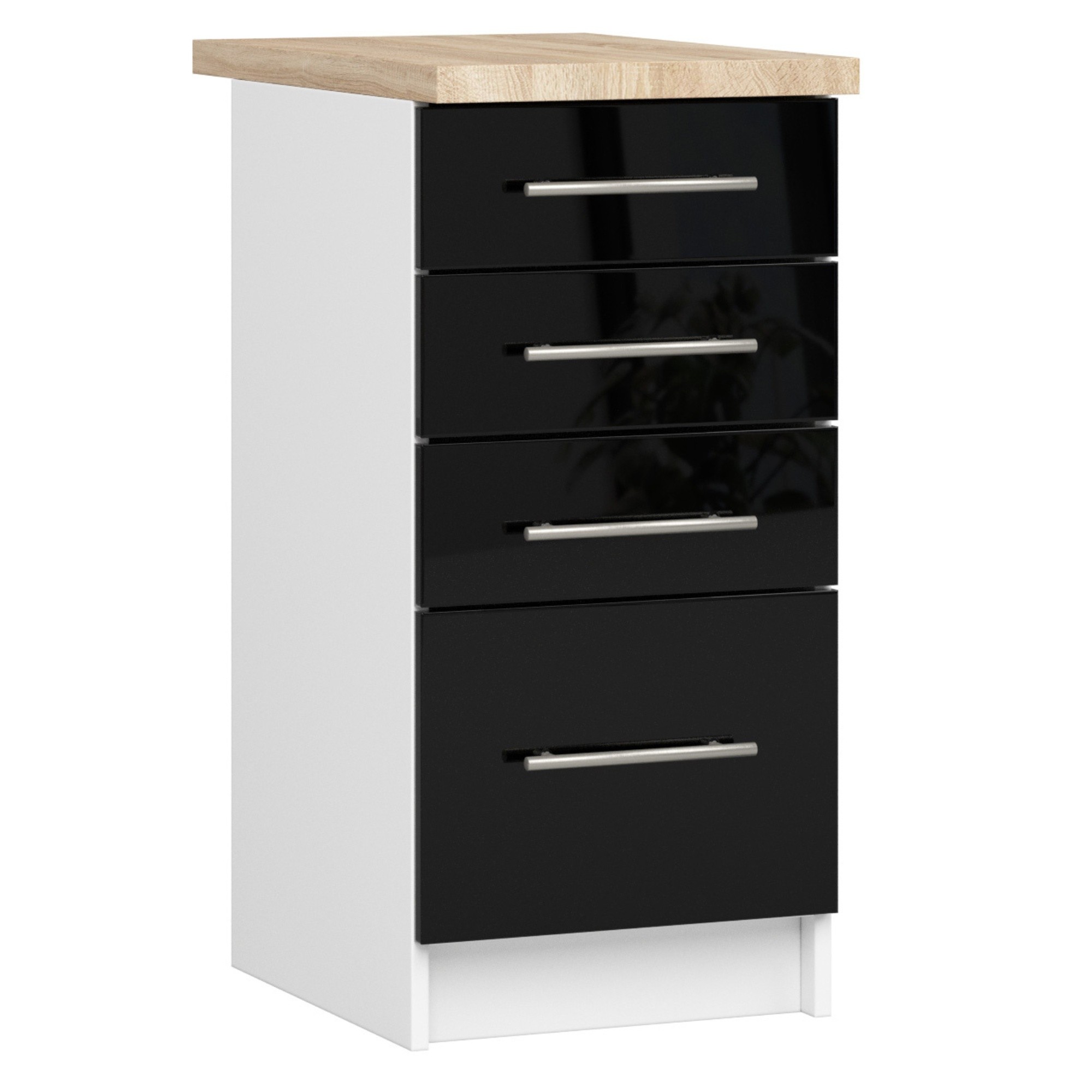 Küchenunterschrank Mit Schubladen 40 Cm Schwarz / Weiß Hochglanz Mit Arbeitsplatte 4 Schubladen Kollektion Oliwia Raumhirsch