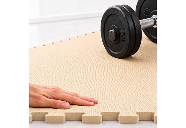 Relaxdays Bodenschutzmatte, 54er Set, 30x30 Cm, 5 M², Mit Rand, Schalldämmend, Schaumstoff, Puzzlematte Fitness, Beige