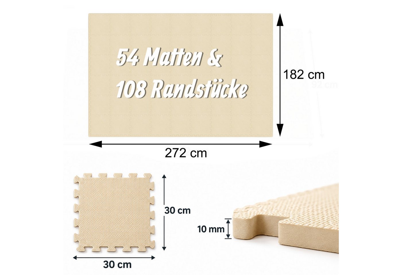 Relaxdays Bodenschutzmatte, 54er Set, 30x30 Cm, 5 M², Mit Rand, Schalldämmend, Schaumstoff, Puzzlematte Fitness, Beige Bild 2