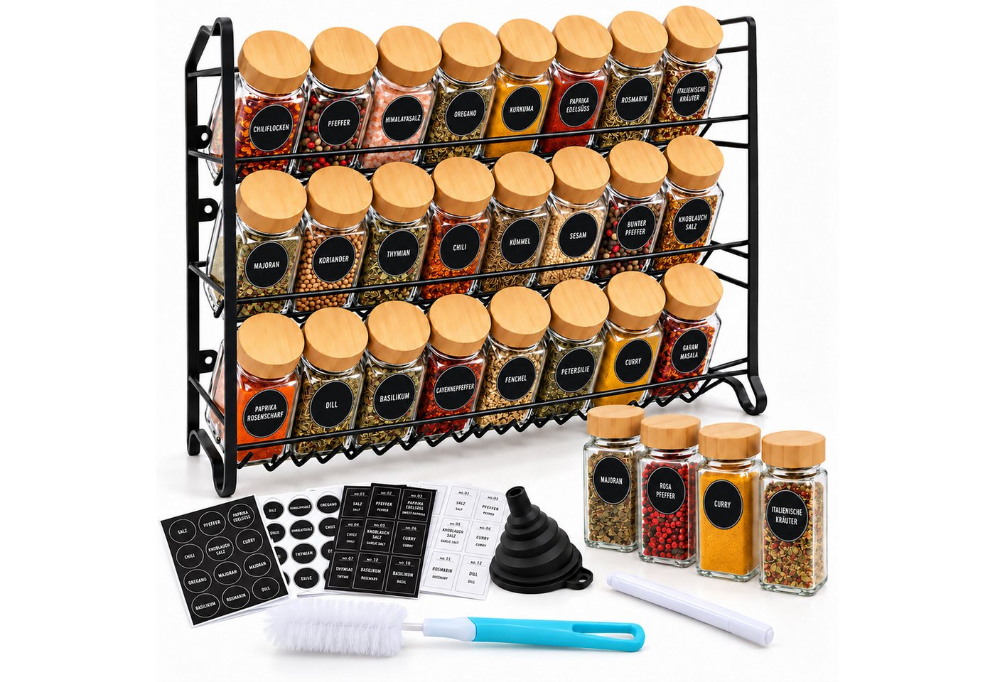 Relaxdays Gewürzregal, 24 Gläser, Küchenorganizer, Stehend, Wand, Hbt 37x25x12cm, Gewürzständer, Metall, Bambus, Schwarz