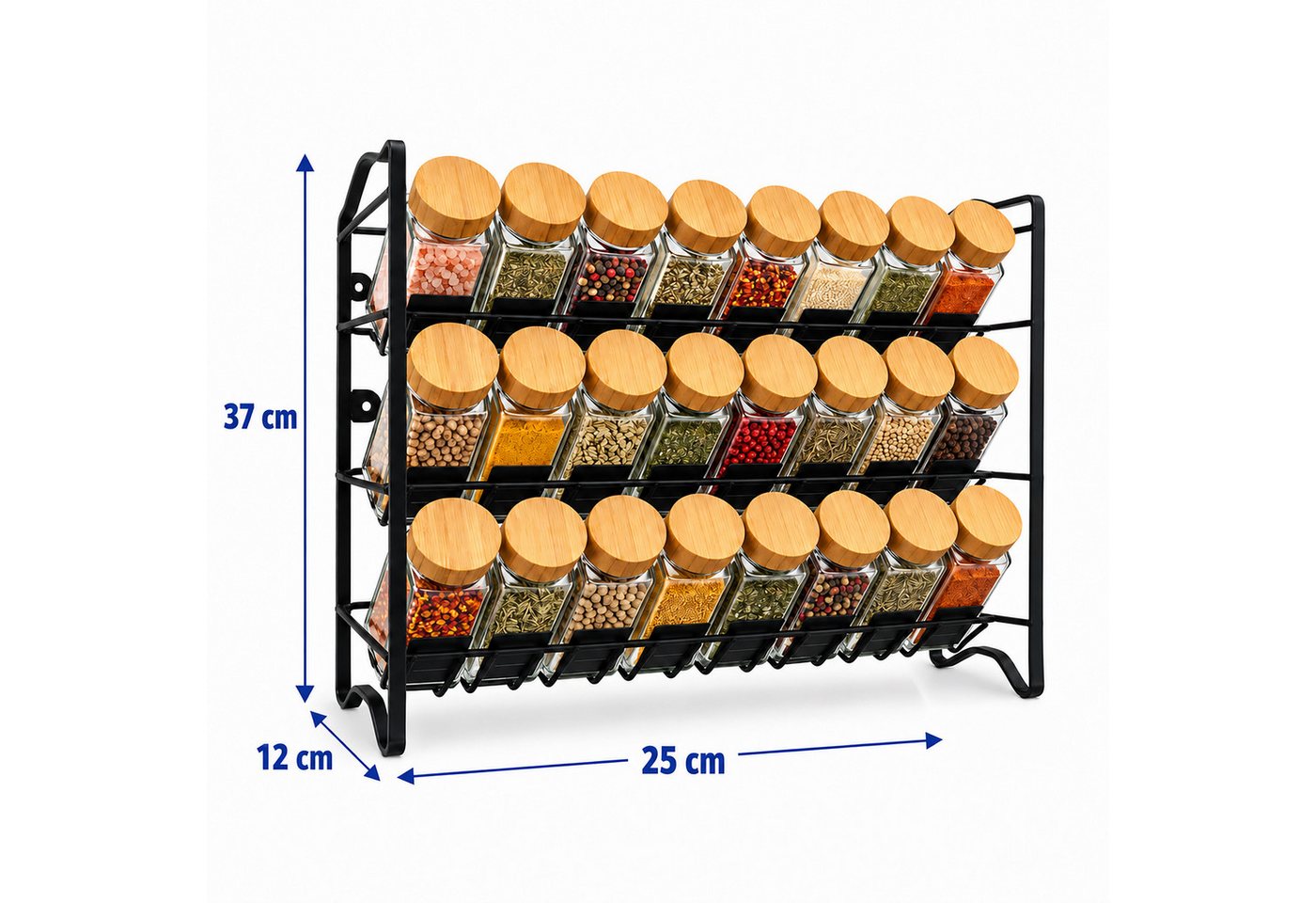 Relaxdays Gewürzregal, 24 Gläser, Küchenorganizer, Stehend, Wand, Hbt 37x25x12cm, Gewürzst änder, Metall, Bambus, Schwarz Bild 3