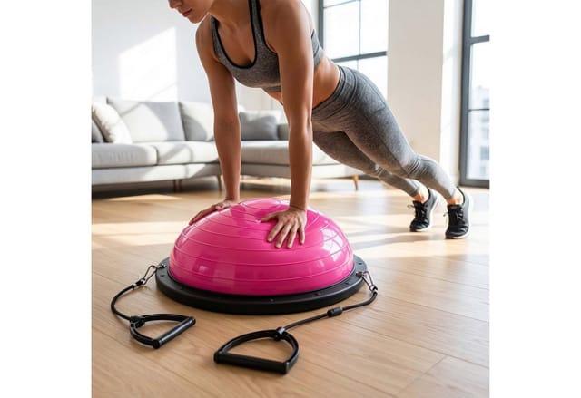 Relaxdays Balance Ball, 58 Cm, Mit Bändern & Luftpumpe, Anti Burst, 150 Kg, Halbball Für Yoga, Pilates, Fitness, Grau