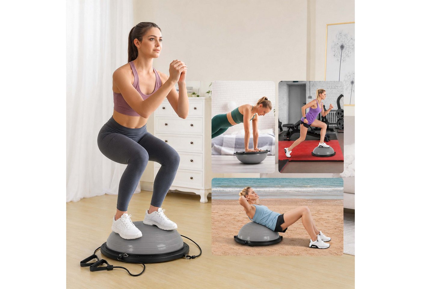 Relaxdays Balance Ball, 58 Cm, Mit Bändern & Luftpumpe, Anti Burst, 150 Kg, Halbball Für Yoga, Pilates, Fitness, Grau Bild 4