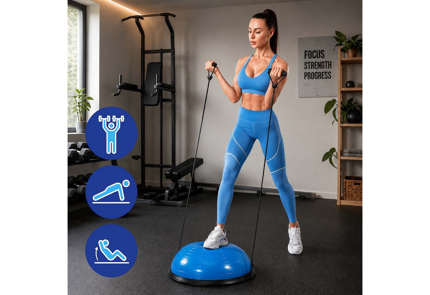 Relaxdays Balance Ball, 58 Cm, Mit Bändern & Luftpumpe, Anti Burst, 150 Kg, Halbball Für Yoga, Pilates, Fitness, Grau Bild 5