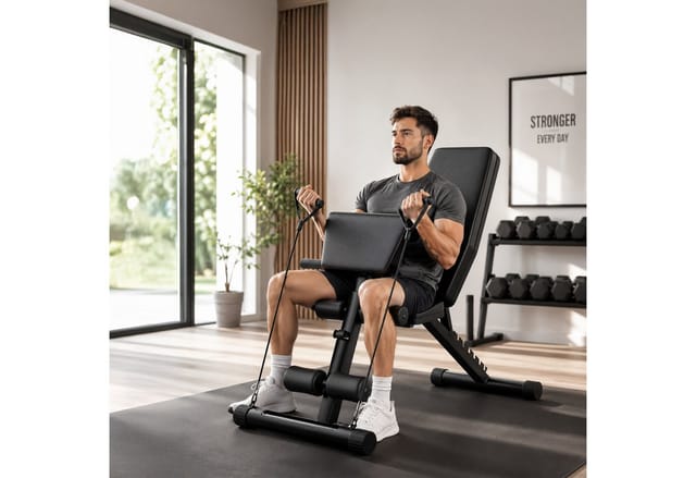 Relaxdays Hantelbank, Bis 200 Kg, Klappbar, Verstellbar, Zugbänder, Bizeps-pad, Home Gym, Multifunktionsbank, Schwarz