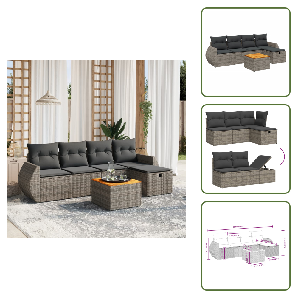 The Living Store 6-tlg. Garten-sofagarnitur Mit Kissen Grau Poly Rattan - Gartenmöbel Set - Pe-rattan Gartenmöbel - Outdoor Lounge Set - Esstisch Set - Balkonmöbel