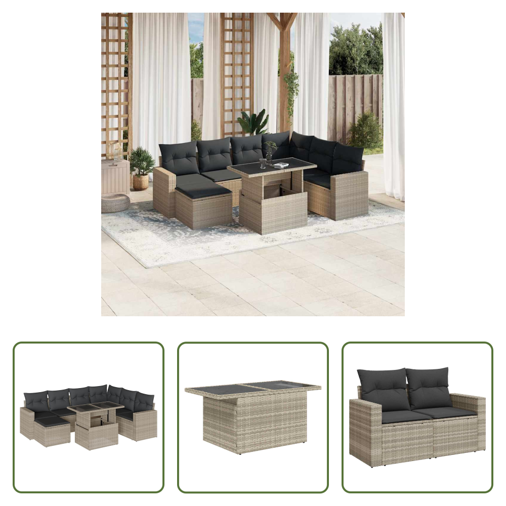 Vidaxl Poly Rattan - 8-tlg. Garten-sofagarnitur Mit Kissen Hellgrau Poly Rattan