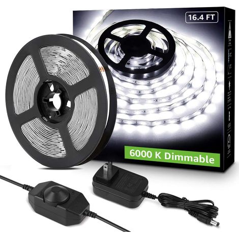 10m Dimmbares Led-band, Kaltweißes Led-band 6000k 600 Leds Smd 2835, 24v Selbstklebendes Led-band Mit Dimmer, Anschlüsse + Transformator, Innenbeleuchtung Für Möbel, Treppen, Küche
