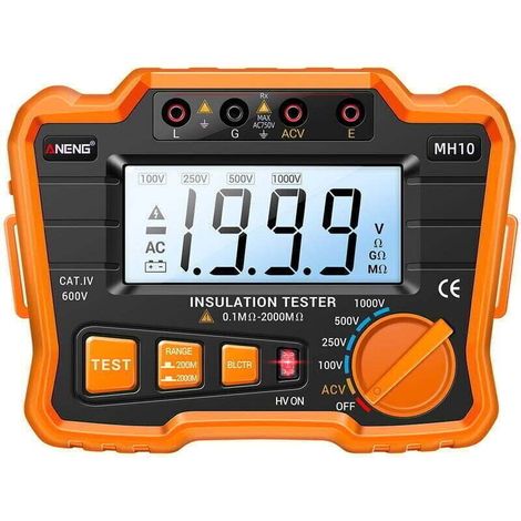 Digitales Isolationsmessgerät 0,1 Mω–2000 Mω – Megohmmeter Mit Hintergrundbeleuchtetem Lcd – Ausgangsspannung 100/250/500/1000 V – Isolierte Spannung Ac 750 V