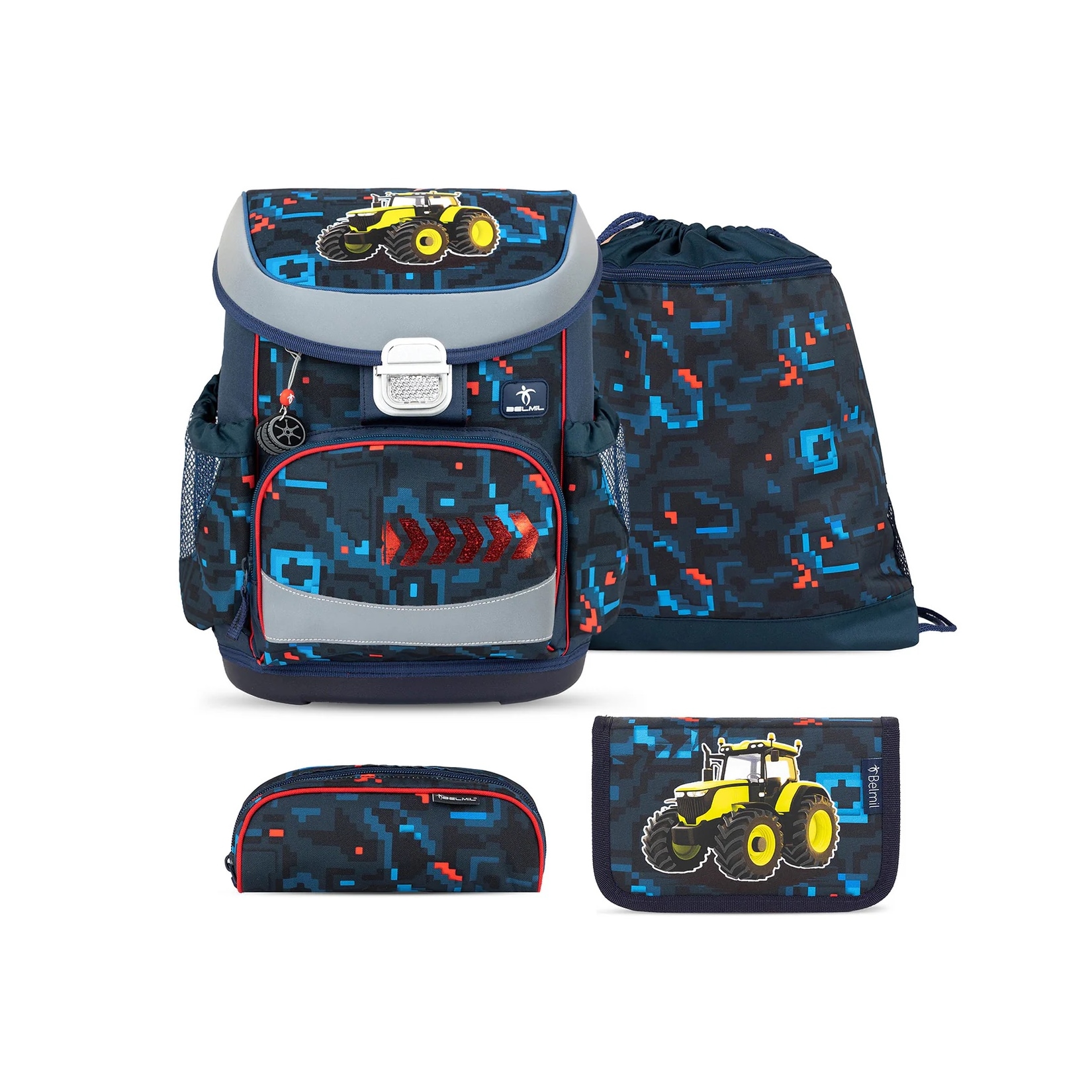 Belmil Mini-Fit ergonomisches Schulranzen-Set 4-teilig "PixelTrak" mit Brustgurt