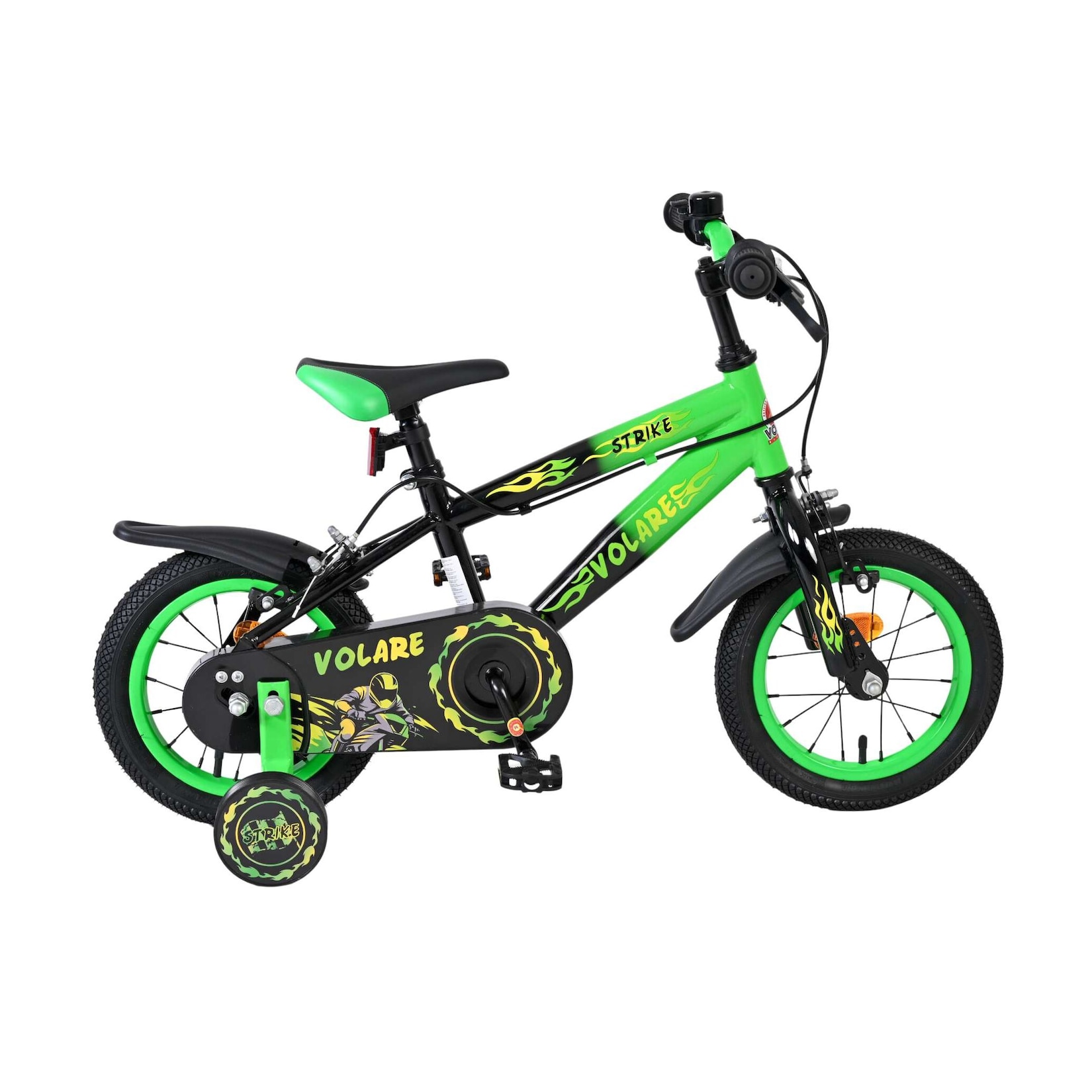 Volare Kinderfahrrad Strike für Jungen 12 Zoll Kinderrad in Schwarz Grün, Zwei Handbremsen