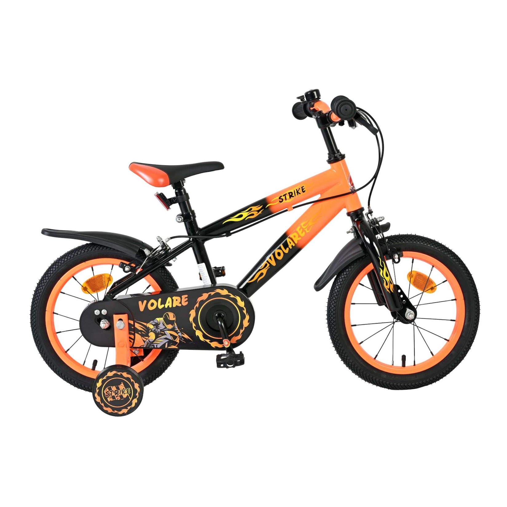Volare Kinderfahrrad Strike für Jungen 14 Zoll Kinderrad in Schwarz-Orange, Zwei Handbremsen