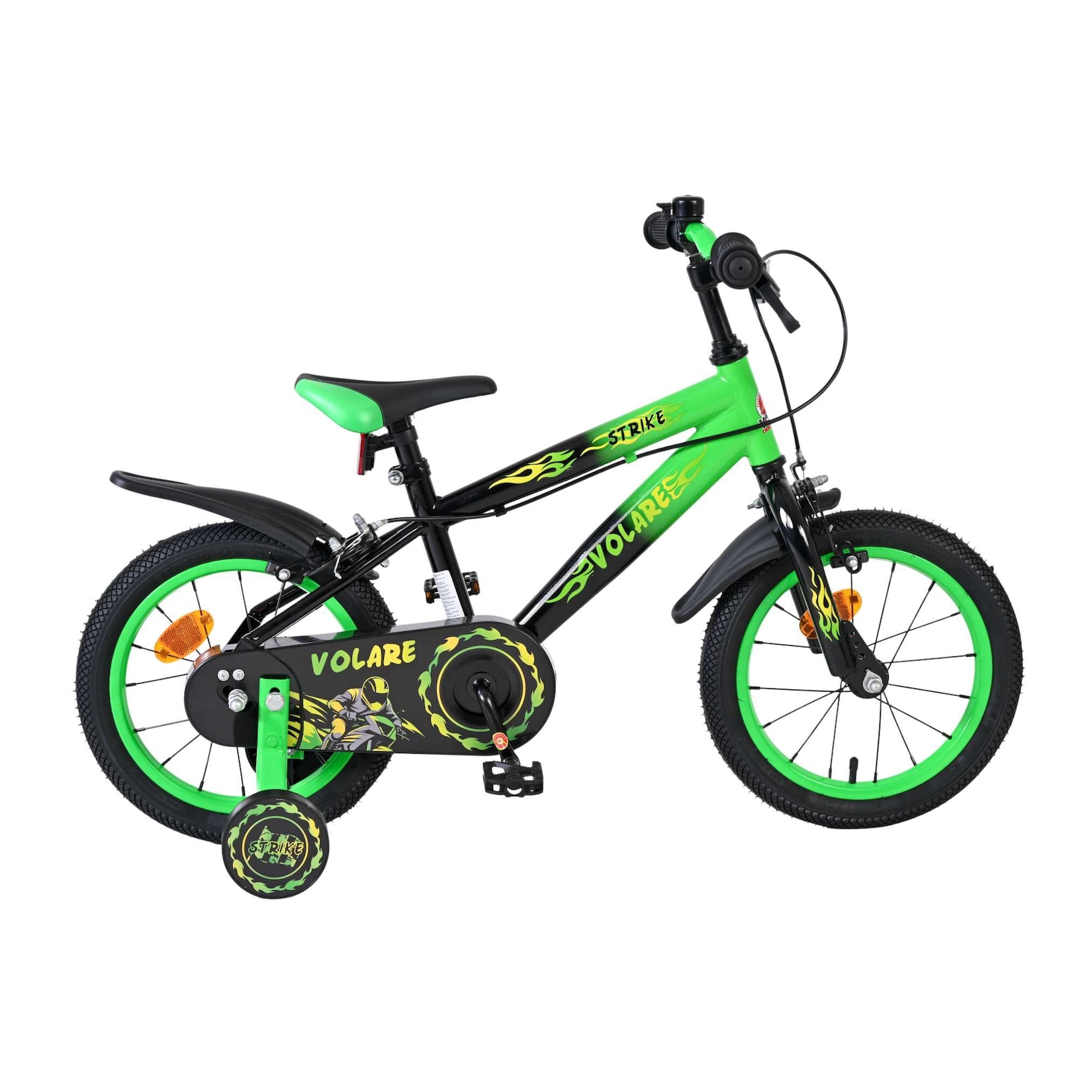 Volare Kinderfahrrad Strike für Jungen 14 Zoll Kinderrad in Schwarz/Grün, Zwei Handbremsen