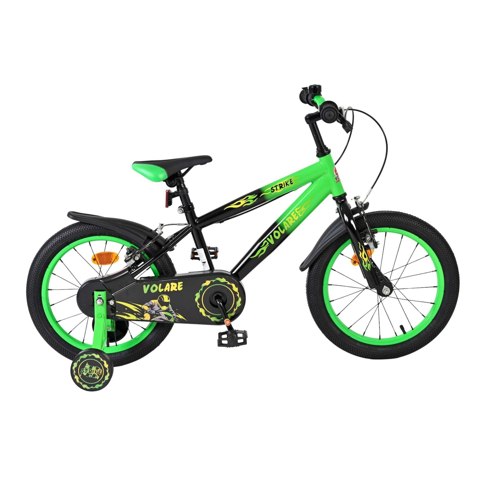 Volare Kinderfahrrad Strike für Jungen 16 Zoll Kinderrad in Schwarz/Grün, Zwei Handbremsen