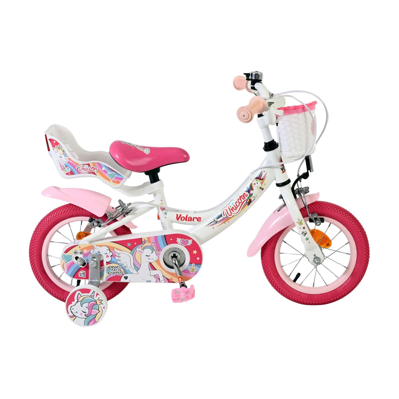 Volare Kinderfahrrad Unicorn für Mädchen 12 Zoll Kinderrad in Weiß, Zwei Handbremsen