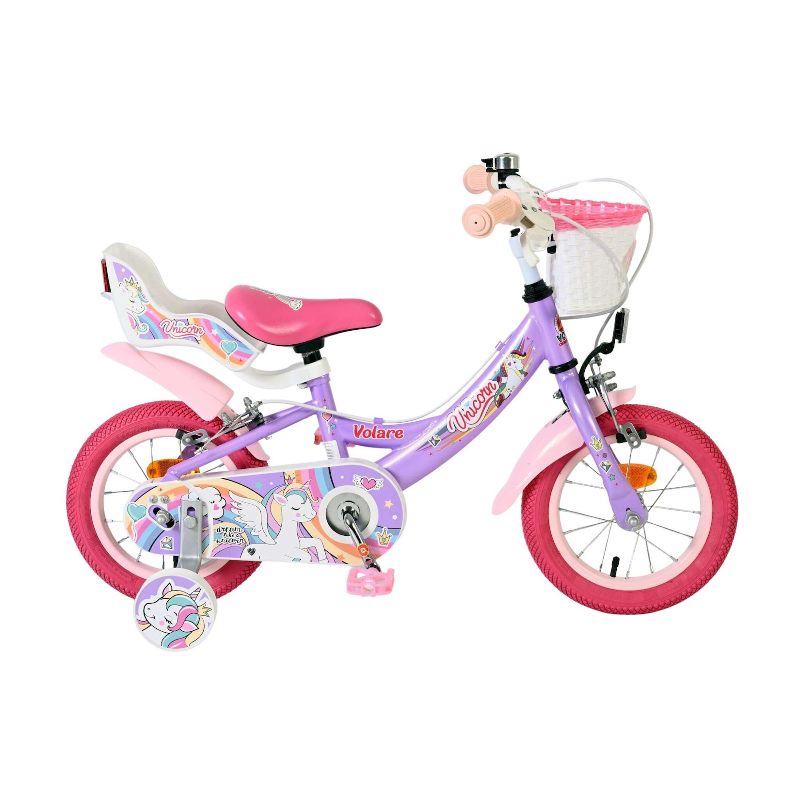 Volare Kinderfahrrad Unicorn für Mädchen 12 Zoll Kinderrad in Lila, Zwei Handbremsen