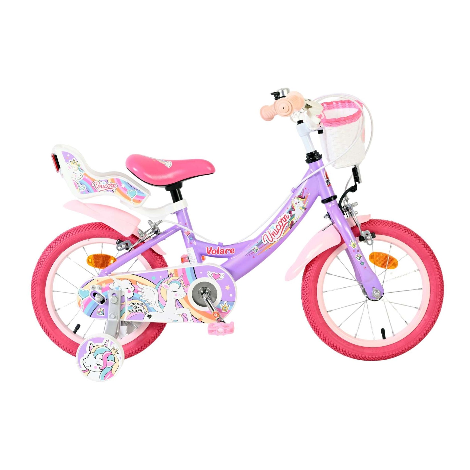 Volare Kinderfahrrad Unicorn für Mädchen 14 Zoll Kinderrad in Lila, Zwei Handbremsen