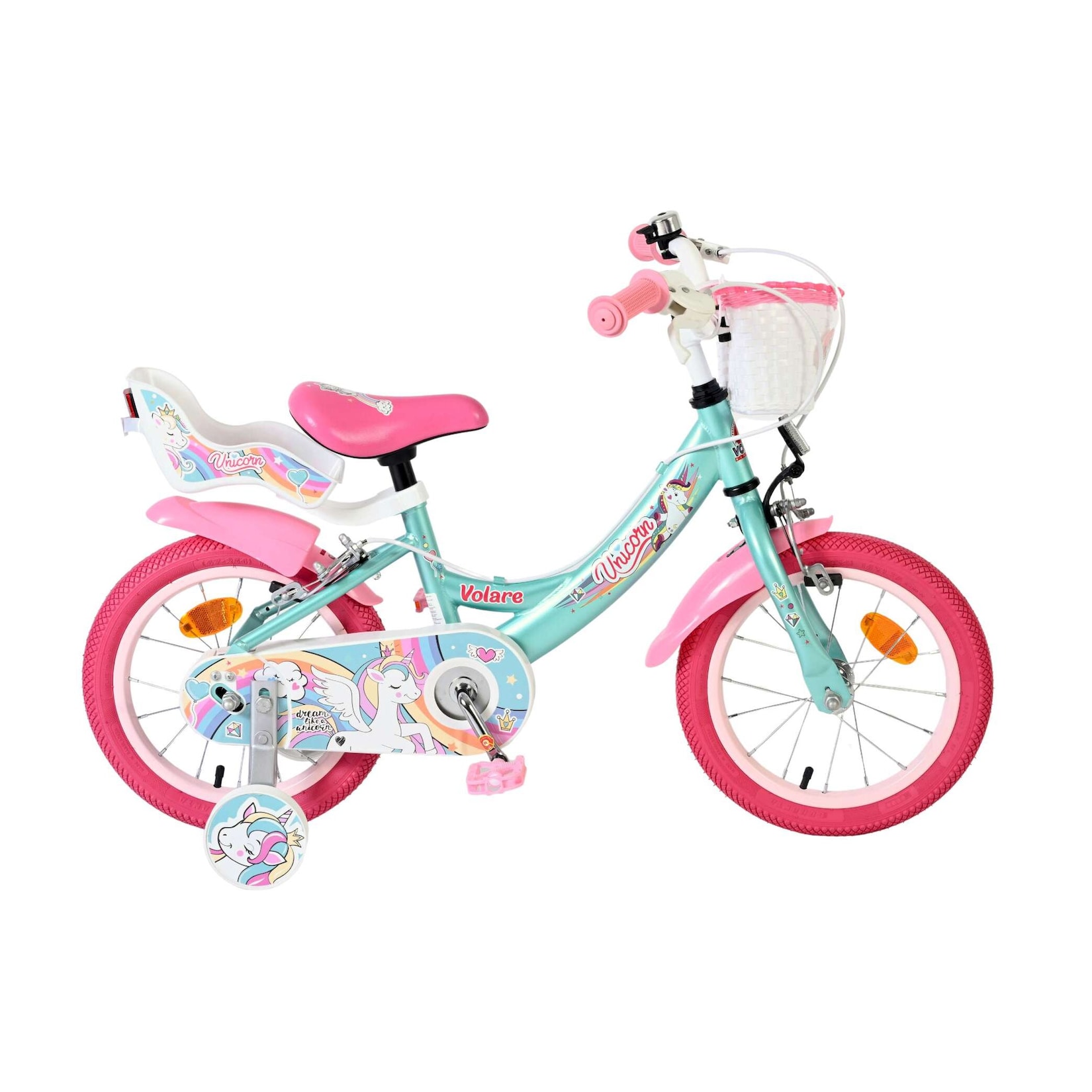 Volare Kinderfahrrad Unicorn für Mädchen 14 Zoll Kinderrad in Grün, Zwei Handbremsen