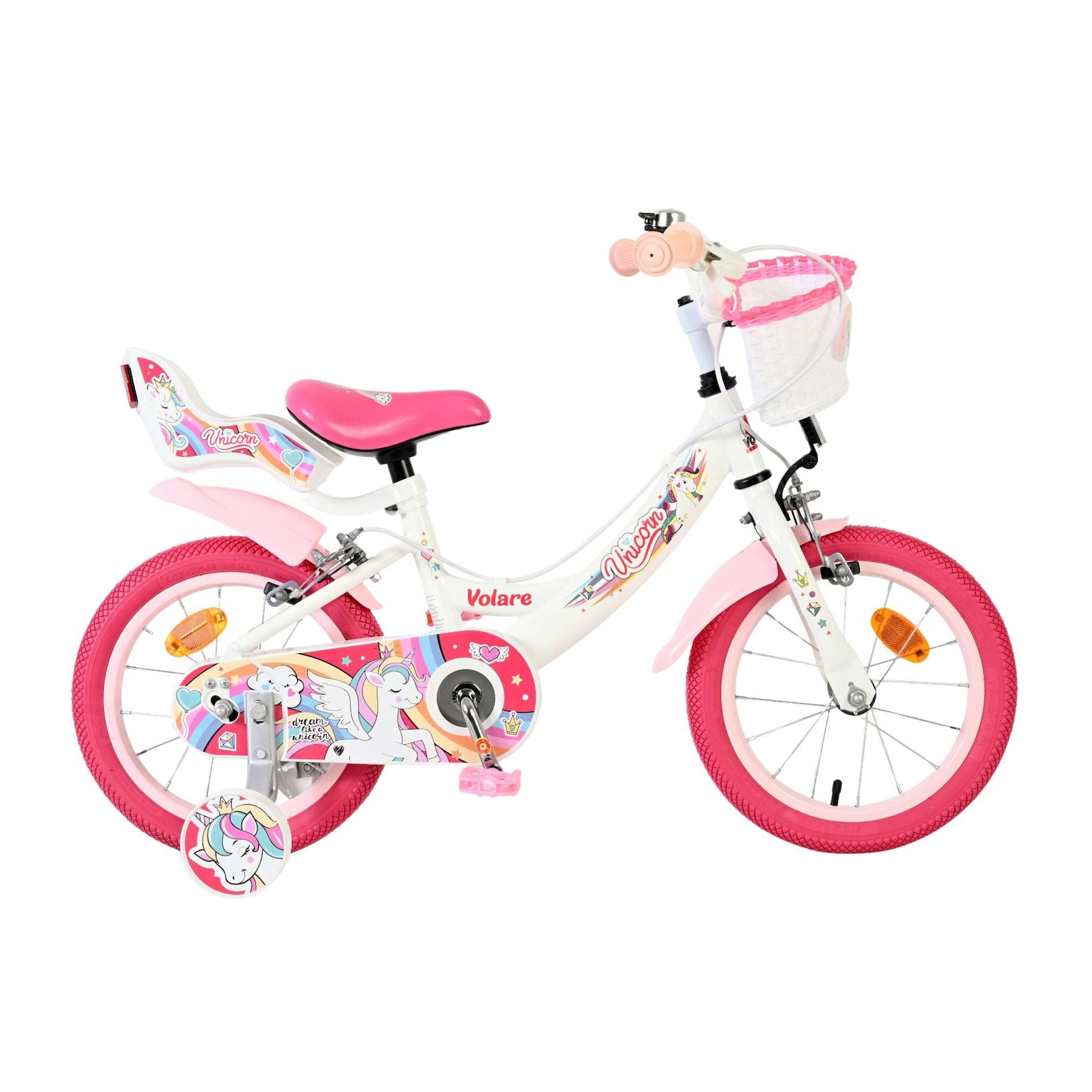 Volare Kinderfahrrad Unicorn für Mädchen 14 Zoll Kinderrad in Weiß, Zwei Handbremsen
