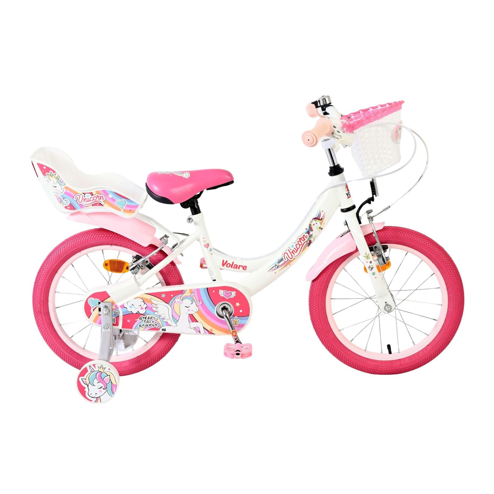 Volare Kinderfahrrad Unicorn für Mädchen 16 Zoll Kinderrad in Weiß, Zwei Handbremsen