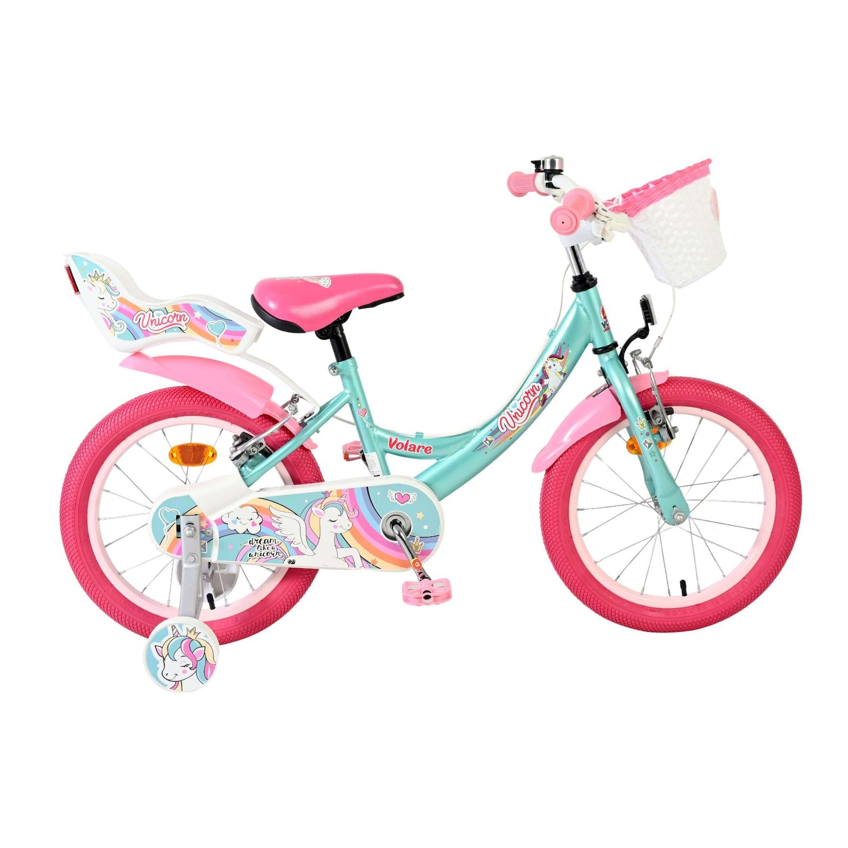 Volare Kinderfahrrad Unicorn für Mädchen 16 Zoll Kinderrad in Grün, Zwei Handbremsen