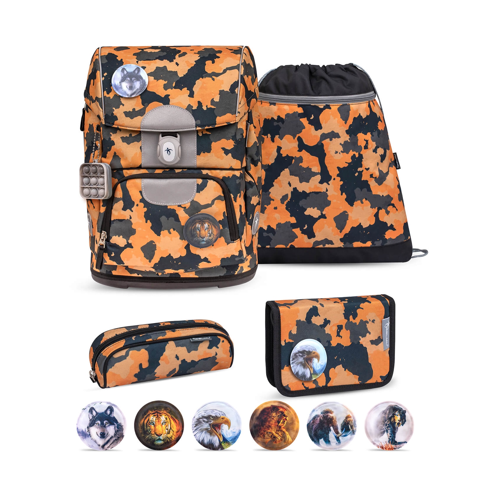 Rucksack Motion ergonomisches SchulranzenSet 5-teil. Orange Camouflage