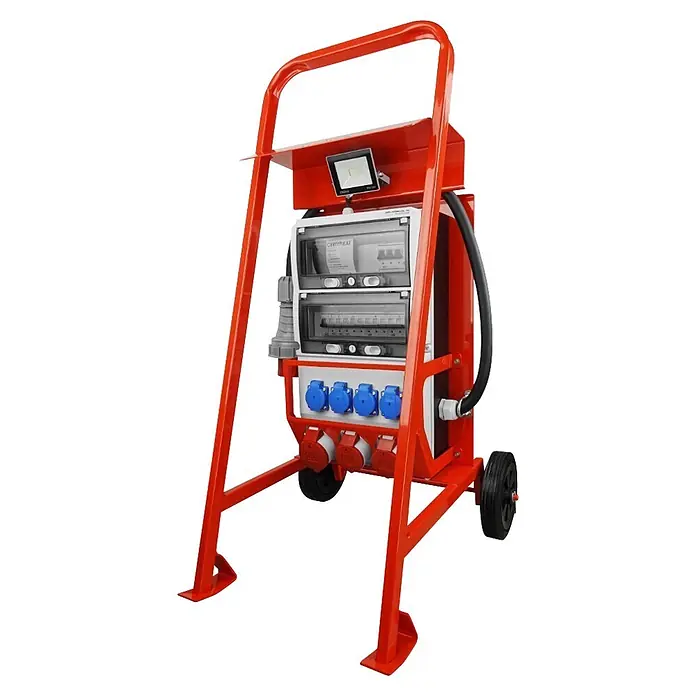 Baustromverteiler Doktorvolt 1x CEE 32A, 2x CEE 16A, 4x SCHUKO, 1x LED-Strahler, mit Rollen (Anzahl CEE-Steckdosen: 3 Stk., Anzahl Steckdosen Schuko: