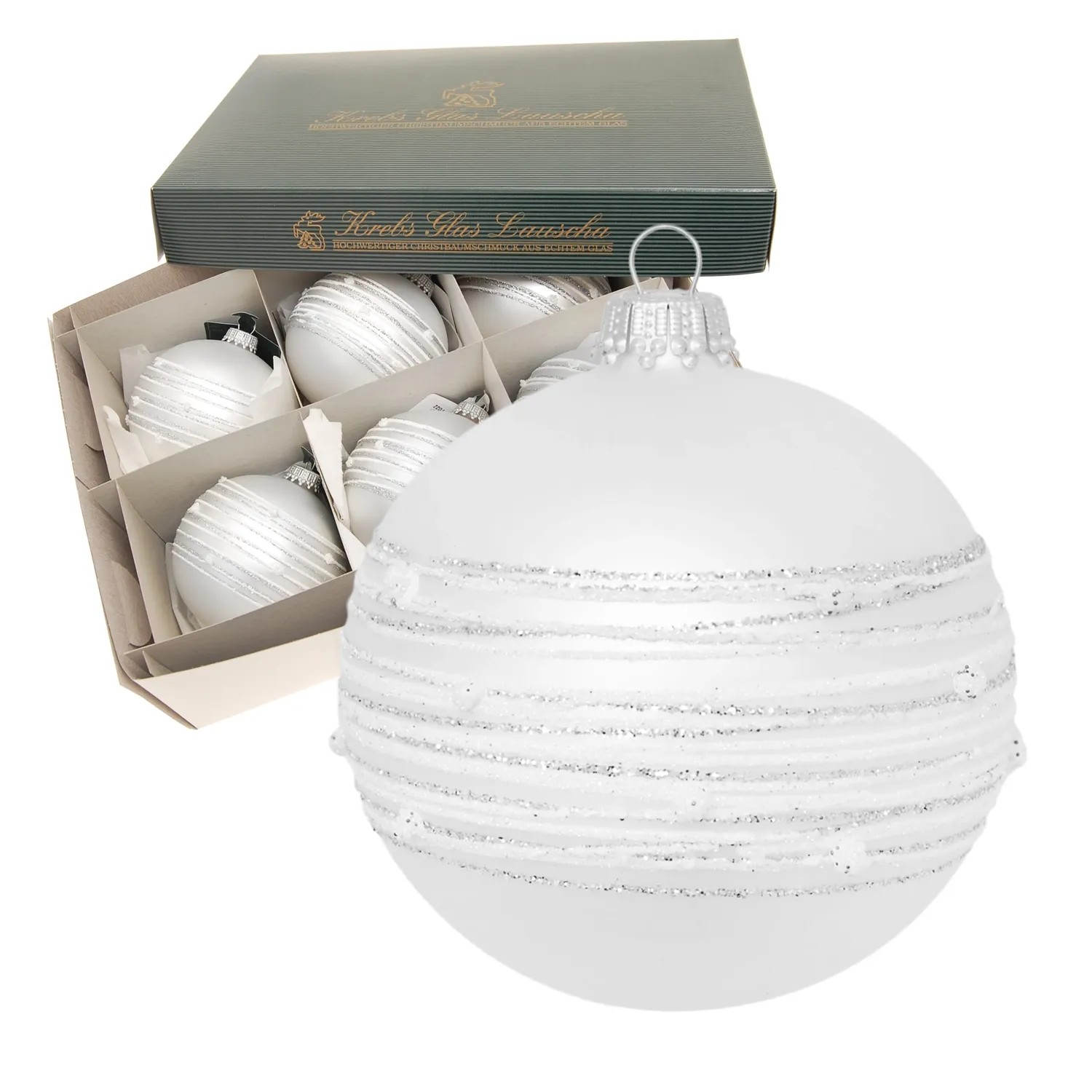 Krebs Glas Lauscha Weihnachtskugeln Silber mit Streifen 6er Set 8cm