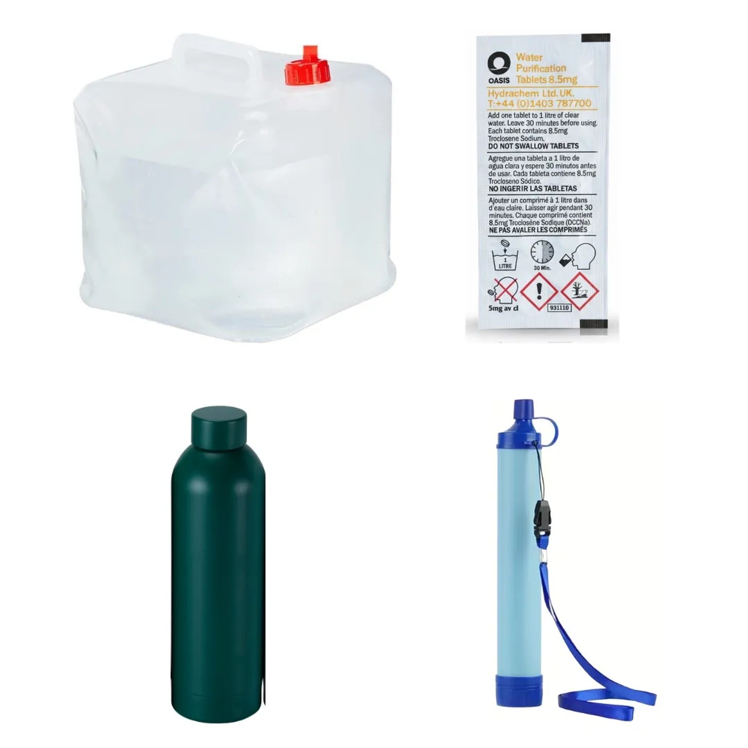 JUNG BLACKOUTPro Trinkwasseraufbereitung 4er Set Notfall Ausrüstung Tabletten Survival Kit Rucksack Set Komplettset Wasseraufbereitung Trinkwasser