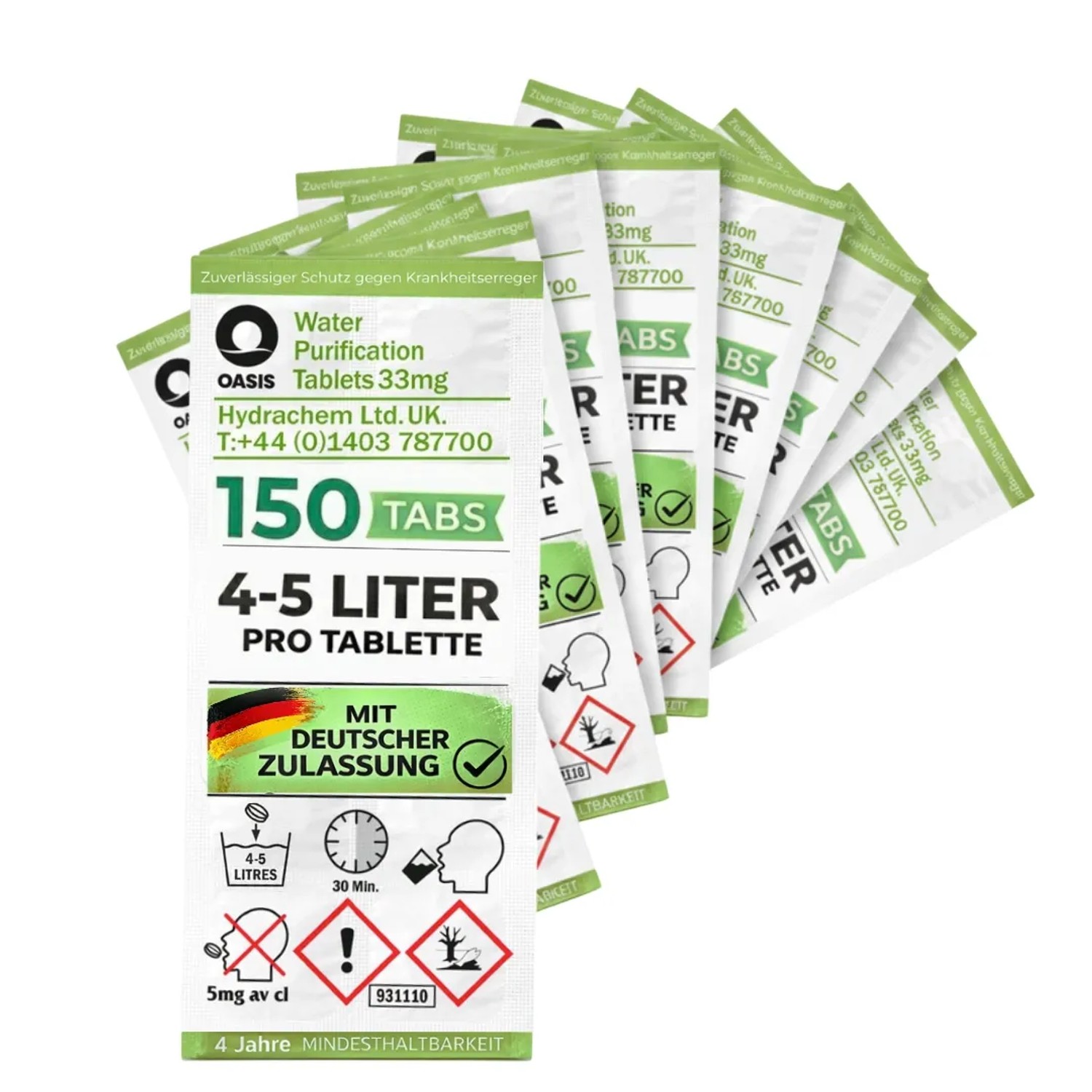 JUNG Oasis Wasseraufbereitung Tabletten 150x5L 33mg GE inkl. 10L Faltbarer Wasserkanister Camping Outdoor Trinkwasser Entkeimung Wasserfilter